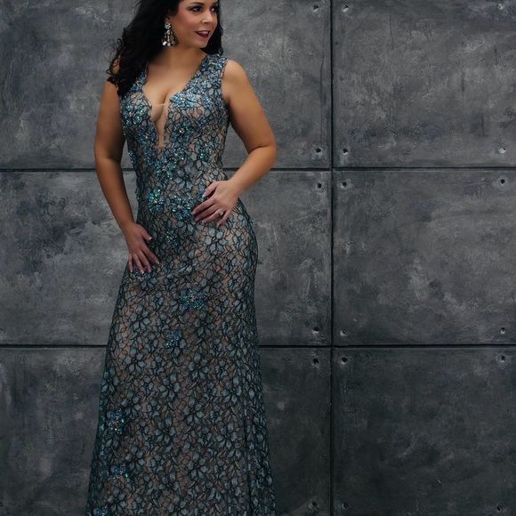 Jovani Dresses & Skirts - Jovani Teal Lace and Sequin Maxi Gown